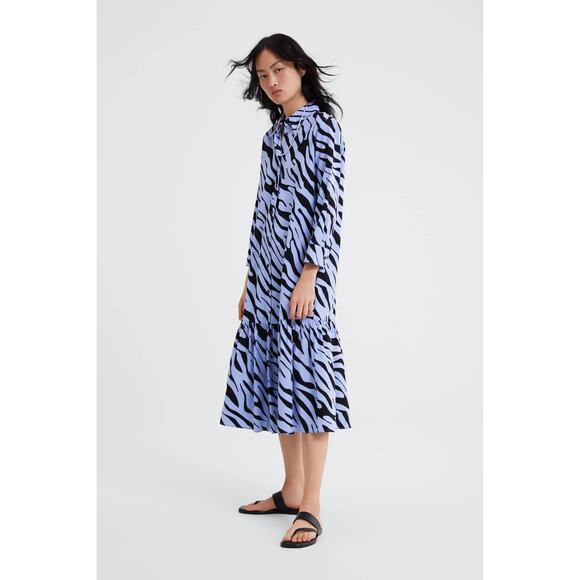 Zara Womens Dress Sz M Powder Blue Black Zebra Animal Print Shirt Long - Picture 2 of 12